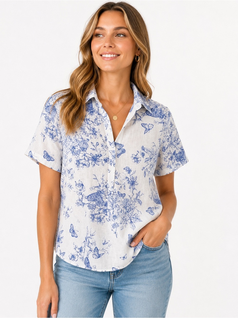 1775 Womens Linen Cotton Button Up Shirt M Blue Floral Butterfly